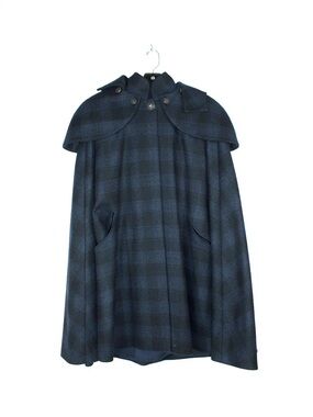 CHANEL Navy Plaid Wool Cape Coat